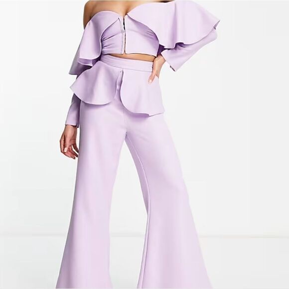 NWT ASOS LUXE Wide Flare Leg Tailored Pants Frill Overlay Lilac Purple 4 - Picture 1 of 14